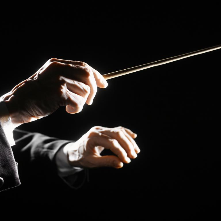 Photo de mains et baguette d'un chef d'orchestre