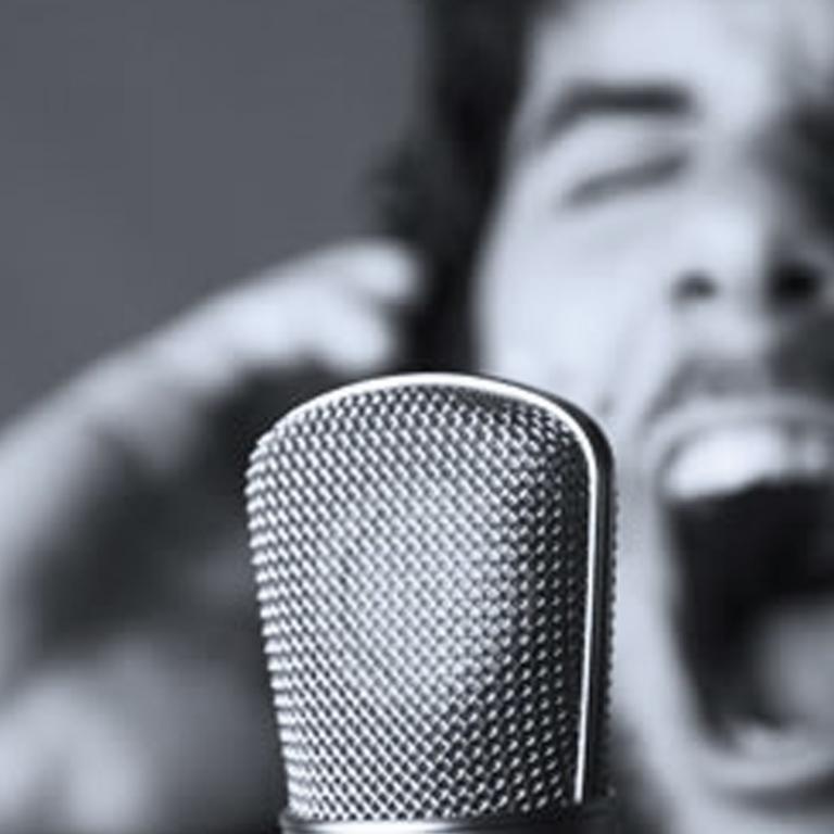 Un micro et un chanteur, photo en noir et blanc